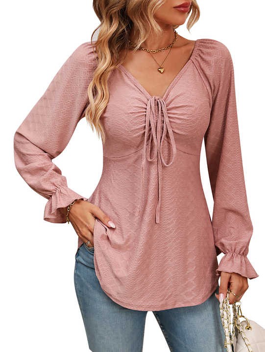 Sexy Puff Sleeve Women's V-Neck Drawstring Waist Long Sleeve Solid Color T-Shirt Blouse